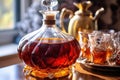 close-up of homemade amaretto in a glass decanter