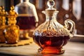 close-up of homemade amaretto in a glass decanter