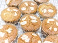 Closeup homemade banana muffins with almond slice on top Royalty Free Stock Photo