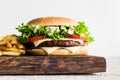 Close-up of homemade big tasty burger with fries