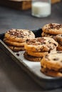 Close up homemade chocolate cookies baking tray Royalty Free Stock Photo