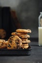 Close up Homemade chocolate cookies baking tray milk Royalty Free Stock Photo