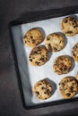 Close up homemade chocolate cookies baking tray top view Royalty Free Stock Photo