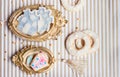 Close up of Christmas or winter theme cookies, served on vintage golden picture frame or trail Royalty Free Stock Photo