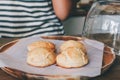 Close-up Homemade delicious English scone set with strawberry jam on the table. Horizontal,copy space for text