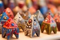 close-up of homemade dreidels crafted from clay