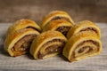 Close-up of homemade filled pastries - cut rugelach cookies.