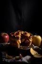 Close-up homemade freshly baked apple pie on a black background. Generated AI