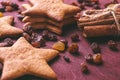 Close up of homemade ginger cookies in the shape of a star with raisins Royalty Free Stock Photo