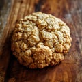 Close-up of a homemade oatmeal cookie on a wooden surface