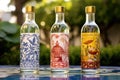 close-up of homemade pisco labels with garden background