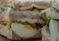 Close-up of Homemade sandwich stuffed with chicken breast, cheese, boiled eggs and fresh vegetables Royalty Free Stock Photo