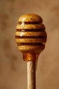 Close-up of a honey dipper with honey dripping down.