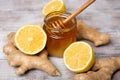 Close-up. Honey. Lemon. Ginger. Healthy concept. T Treatment of cold and viruses. Be healthy Royalty Free Stock Photo