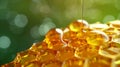 Close-up of a honeycomb drenched in golden honey, with a soft green bokeh background. Concept of natural sweetness