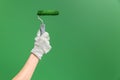 Close up horizontal image of hands in working gloves holding middle-sized roller with green paint in front of green wall Royalty Free Stock Photo