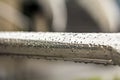 Close-up of horizontal metal wet shiny pipe with big rain water drops on blurred abstract background Royalty Free Stock Photo