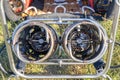 Close-up of a hot air balloon gas burner for propane gas, looking from the top view, propane gas burner mounted onto basket, gas