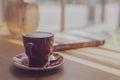 Close up hot art Latte, cappuccino Coffee in red cup on wooden table in Coffee shop blur background with bokeh image process with Royalty Free Stock Photo