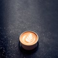 Close up hot capucino coffee cup with latte art foam on black stone table at cafe.dark scene.banner space mock up for adding text