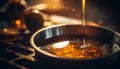 Close up of hot coffee pouring into a metallic cup on stove generated by AI Royalty Free Stock Photo