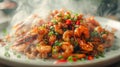 Close-up of hot cooked shrimp in sauce and hot pepper and green onions. An appetizing prawn dish on a plate Royalty Free Stock Photo