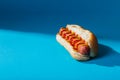 Close-up of hot dog with tomato and mustered sauce over blue background with copy space