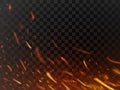 Close-up hot fiery sparkles and flame particles isolated. Inferno fire sparks and flaming flakes dark vector background Royalty Free Stock Photo