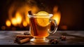 Close up of a Hot Toddy in a Glass Mug with a Lemon Slice and a Cinnamon Stick. Cozy Winter Background