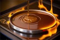 close-up of a hotplate, with the bubbling maple sap being boiled down into syrup