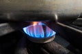 Close-up of a household kitchen hob and blue flames.