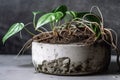 close-up of houseplant with its roots exposed, growing in concrete pot