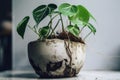 close-up of houseplant with its roots exposed, growing in concrete pot