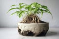 close-up of houseplant with its roots exposed, growing in concrete pot