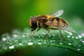 Close-Up of a Hoverfly Resting on a Dewy Green Leaf with Blurred Royalty Free Stock Photo