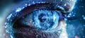 Close-up of a human eye with advanced technology integrated into the iris, creating a futuristic, visually striking design