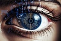 Close up of human eye with circuit board. Technology concept. 3D rendering, A close-up of a human eye with a digital business Royalty Free Stock Photo