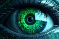 Close-up of human eye with digital binary code. 3D rendering Royalty Free Stock Photo