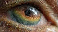 Close-up of Human Eye with Digital Binary Code Surrounded by Glittering Gold Makeup Royalty Free Stock Photo