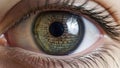 Closeup of a human eye with a digital code pattern reflected in the iris symbolizing technology and data Royalty Free Stock Photo