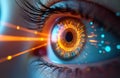 Close up of human eye with futuristic digital interface overlay. Orange laser grid scans iris and blue particles stream. Advanced Royalty Free Stock Photo