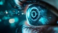 Close-up of a human eye with futuristic digital interface, representing technology and innovation in a digital world Royalty Free Stock Photo