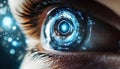 Close-up of a human eye with futuristic digital interface, representing technology and innovation in a digital world Royalty Free Stock Photo