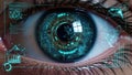 Close-up of a human eye with a futuristic holographic interface. Royalty Free Stock Photo