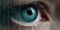 Close-up of human eye with futuristic tech interface. Digital biometric scan, iris recognition, cyber security, authentication. Royalty Free Stock Photo