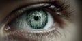 Close-up of human eye with futuristic tech interface. Digital biometric scan, iris recognition, cyber security, authentication. Royalty Free Stock Photo