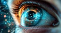 Close-up of a human eye with a glowing digital biometric scanning interface, futuristic technology concept Royalty Free Stock Photo