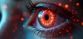 Close up of human eye with glowing digital iris reflecting data streams. Futuristic tech vision, cybernetic enhancement, Royalty Free Stock Photo