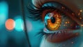 Close up of human eye. Iris displays binary code and digital data. Futuristic tech and cyber security concept background. Blurred Royalty Free Stock Photo