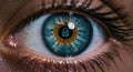 Close up of a human eye with a lock symbol, representing security and privacy in the digital age, reflecting binary code and